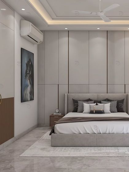 A bedroom concept for a builder floor, featuring a dual-tone wardrobe and a full-height paneled headboard with integrated accent lighting for a modern, sophisticated look.