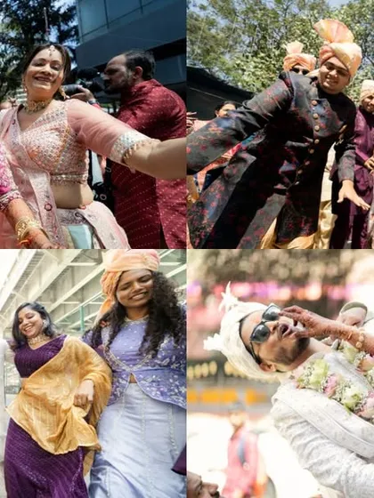 The baraat is a party on wheels. This collage captures the sheer energy and joy of the groom's procession, with friends and family dancing, laughing, and playfully celebrating the moment.