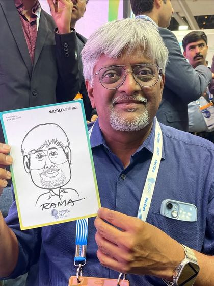 Another happy attendee at the Worldline event at Jio World Convention Centre. Our quick sketches are a popular attraction at large scale exhibitions and trade shows.