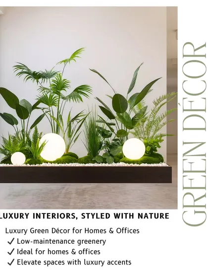 We style luxury interiors with nature, like this floating planter box. The design incorporates illuminated spheres among the greenery, blending light and foliage for a modern, high-end decor accent.