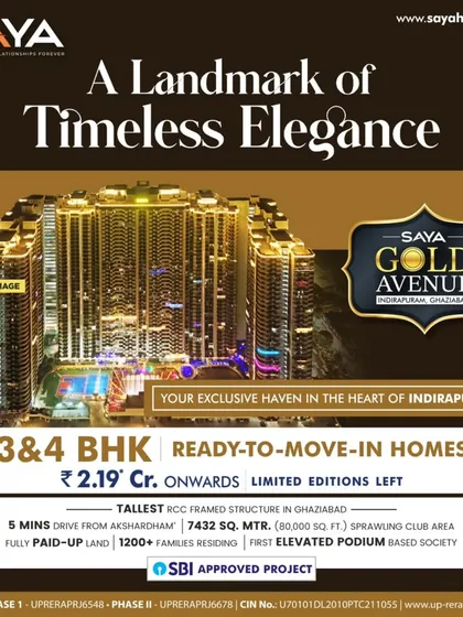 This is an actual image of Saya Gold Avenue, a landmark of timeless elegance in the heart of Indirapuram. We built this as an exclusive haven, offering ready-to-move-in 3 and 4 BHK homes for a discerning clientele.