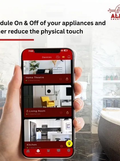 Schedule the on and off times of your appliances to reduce physical touch and add convenience. Our app provides a clear interface to manage your home theatre, living room, and kitchen devices according to your daily routine.
