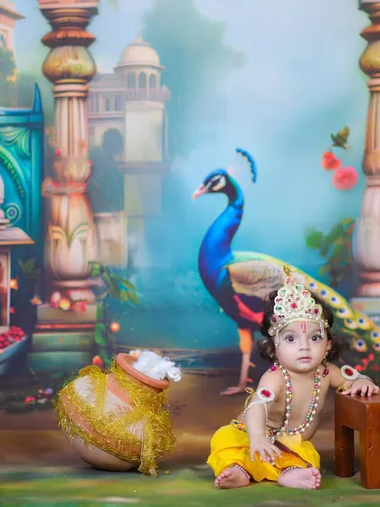A baby dressed as Krishna, looking curiously at the camera. The rich, palace-like backdrop with a peacock and cow makes this a truly grand portrait.