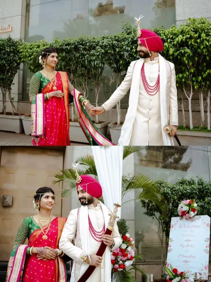 A collage of the couple after their wedding ceremony. The groom, holding his kirpan, and the bride, in her Nauvari saree, represent their beautiful cultural blend.