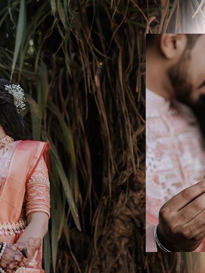 A collage blending a close-up of the engagement rings with a romantic, blurry portrait of the couple, telling a story of their commitment.