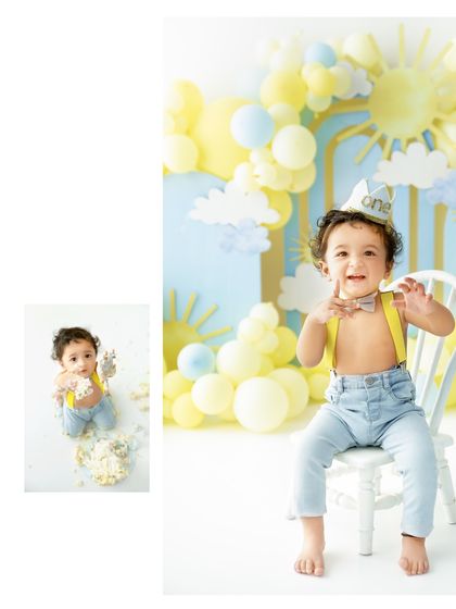 This collage perfectly contrasts the clean pre cake portrait with the joyful chaos of the cake smash itself. It’s a wonderful summary of a first birthday session.