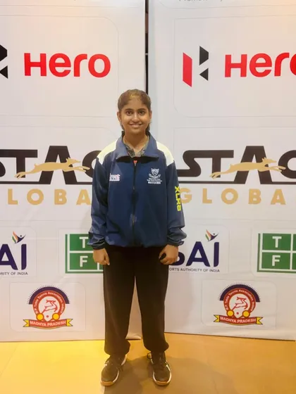 A portrait of Swara Jangade at the Cadet & Sub-Junior National Championship. Her selection for the state team is a result of dedicated training and consistent performance.