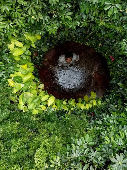 My commitment to sustainability extends to public art. This installation, "Plastreen," uses discarded plastic bottles to form an outer shell, with a living green wall inside, creating a powerful statement about our relationship with nature and waste.