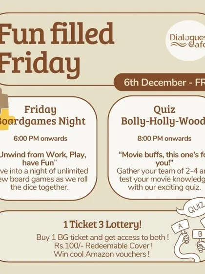 Our "Fun filled Friday" event poster, advertising a night of board games and a Bolly-Holly-Wood quiz. We always have something fun planned to kick off the weekend.