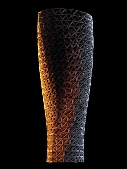 This studio render of the VERTO tower highlights its pure, sculptural form against a neutral background. The intricate, triangulated facade is not merely aesthetic; it is a key component of the aerodynamic system, engineered to channel air effectively. This is where computational design meets physical form.