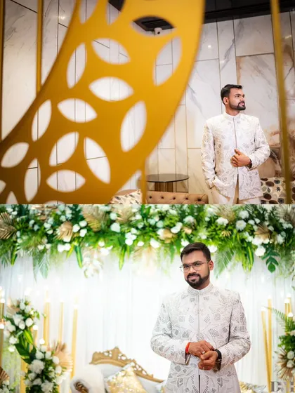 A collage of the groom's solo portraits, showcasing his stylish ivory sherwani and the elegant reception decor.