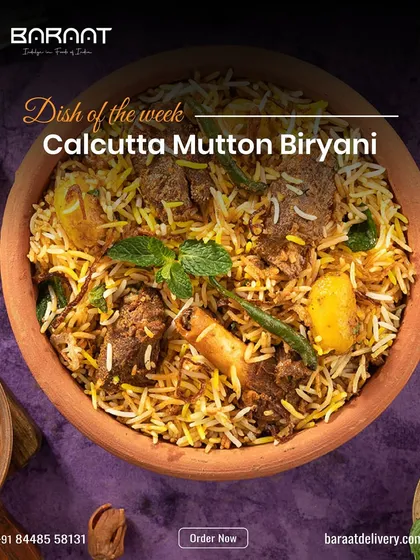 My Calcutta Mutton Biryani is a tribute to the city's royal culinary history. It features fragrant basmati rice, tender mutton, and the signature soft potato, slow-cooked to perfection.