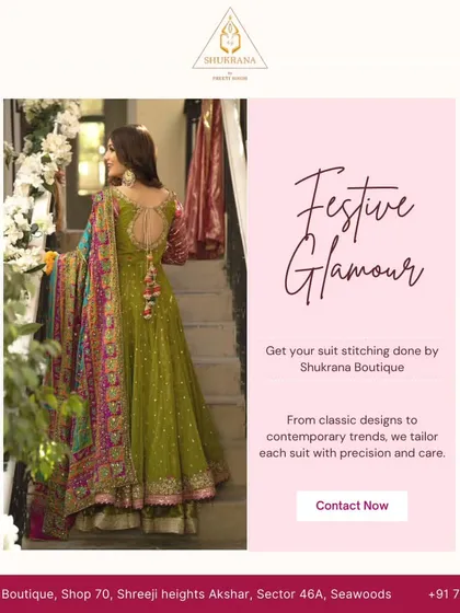My festive glamour collection is all about making a statement. This green Anarkali with heavy embroidery and a colorful dupatta is designed to turn heads.