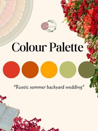 The color palette for a 'Rustic Summer Backyard Wedding', featuring warm, earthy tones of red, orange, yellow, and green to create an intimate and homely ambiance.