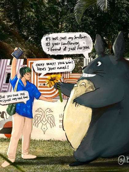 I had a little fun imagining what would happen if Totoro visited the Bengaluru Literature Festival. Of course, he'd trade a sunflower for a novel. This digital illustration is just a playful example of how Ghibli characters inspire me every day.