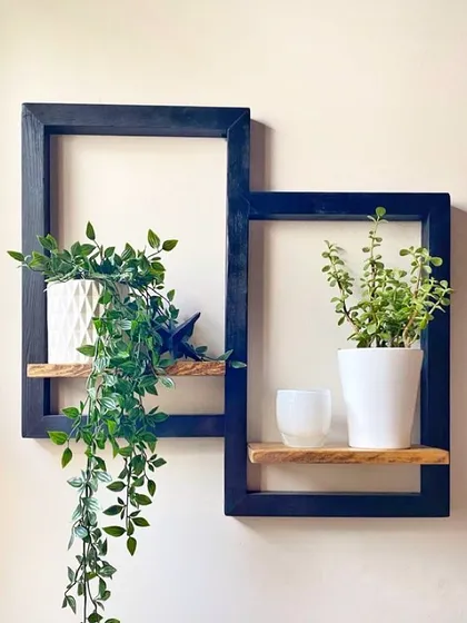 For a touch of modern elegance, I create these geometric framed wall shelves. Made from solid wood, they are perfect for displaying your favorite plants and decor, adding a stylish and functional element to any wall.