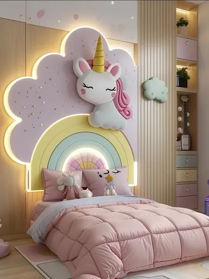 This unique bed design features a cloud-shaped headboard with a 3D unicorn and rainbow. The room has wood-paneled walls and integrated shelving.