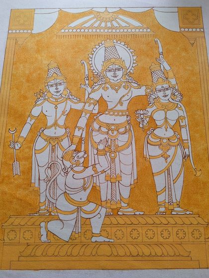 The Ram Darbar painting after the first yellow wash. This base color unifies the entire composition and prepares the canvas for the rich palette of colors to follow.