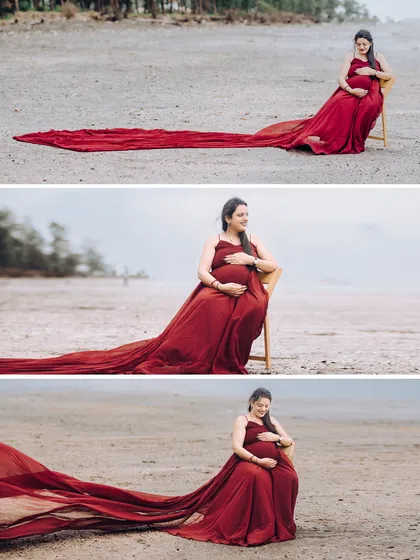 A dramatic three-panel collage of a mother-to-be on a beach, her long, flowing red dress spread out on the sand, creating a stunning visual.