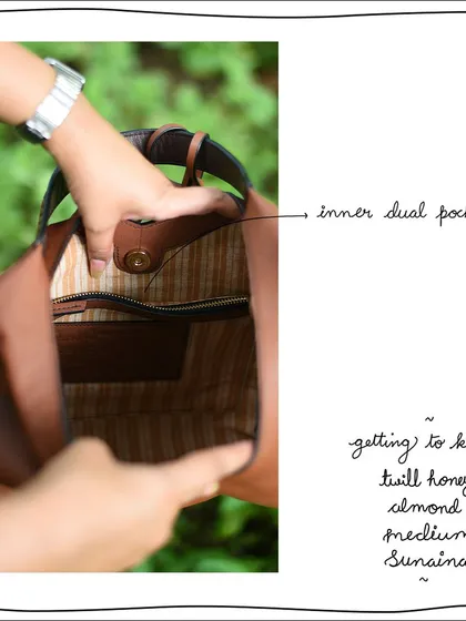The inner dual pocket of the Twill Honey Almond Medium Sunaina. The striped cotton lining is a signature feature of our bags, adding a touch of brightness to the interior.