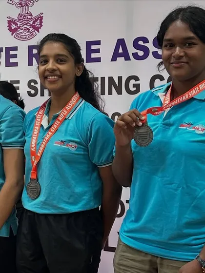 Our Sub-Youth Women's Air Rifle team proudly showing their bronze medals, a result of great teamwork.