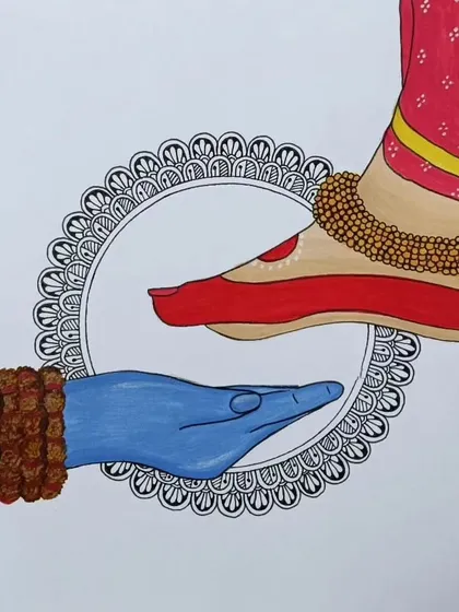 A symbolic painting of Shiva's hand gently holding Parvati's foot, framed by a delicate mandala design. This mini mandala art represents devotion and divine connection.
