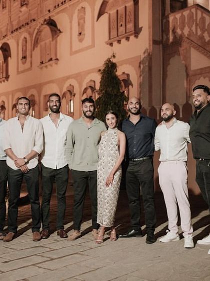 The groom and his groomsmen ready to kick off the wedding celebrations in Rajasthan.