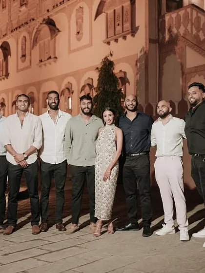 The groom and his groomsmen ready to kick off the wedding celebrations in Rajasthan.