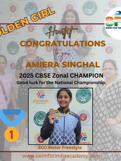Amiera Singhal, our 2025 CBSE Zonal Champion in the 800-meter freestyle. Her endurance and pacing were key to this gold medal win.