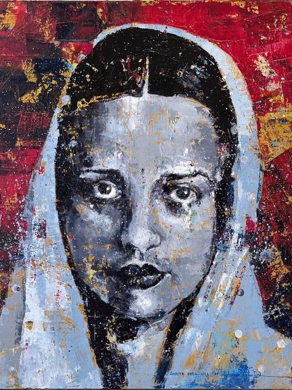 My homage to the brilliant artist Amrita Sher-Gil. Her expressive eyes and powerful presence were a challenge I enjoyed capturing with thick acrylic paint and a textured finish.