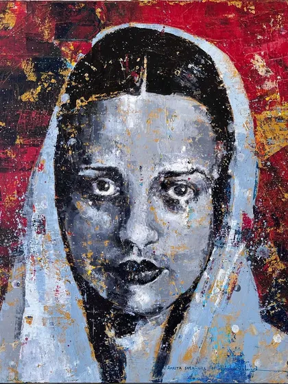 My portrait of the iconic Indian painter Amrita Sher-Gil, rendered in my signature style. I used thick, textured acrylics against a dramatic red and gold background to honor her bold spirit and artistic legacy.