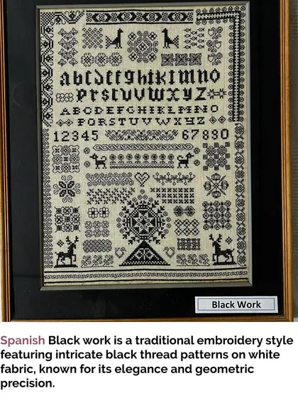 Spanish Blackwork is a traditional style featuring intricate black thread patterns on white or light-colored fabric. It is known for its elegance and geometric precision.