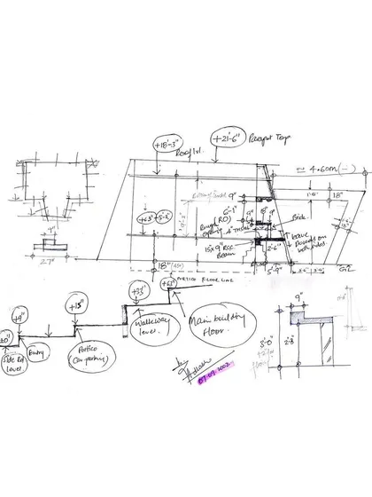 Our design process begins with a deep understanding of form and function, as shown in this archival sketch from our CC Office project in 2002. These initial drawings explore structural concepts, spatial relationships, and elevation details that form the foundation of the final architectural design.