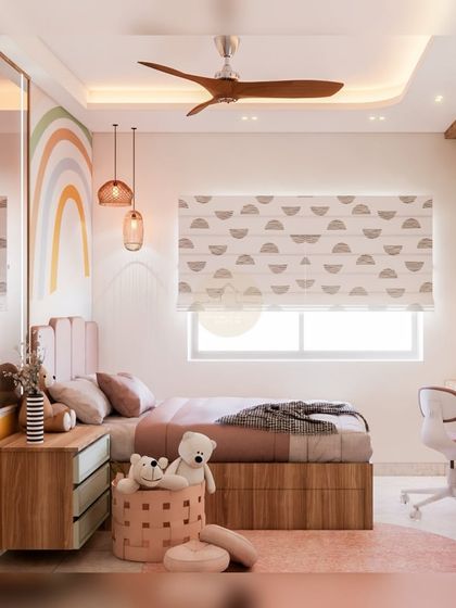 This kids' room features a rainbow wall mural and a cozy bed nook. The design combines soft pastels with natural wood tones, creating a cheerful and calming space for play and sleep.