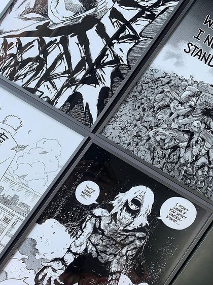 A collection of framed anime art for a client, showcasing how custom framing can elevate personal passions into a stylish and cohesive gallery.