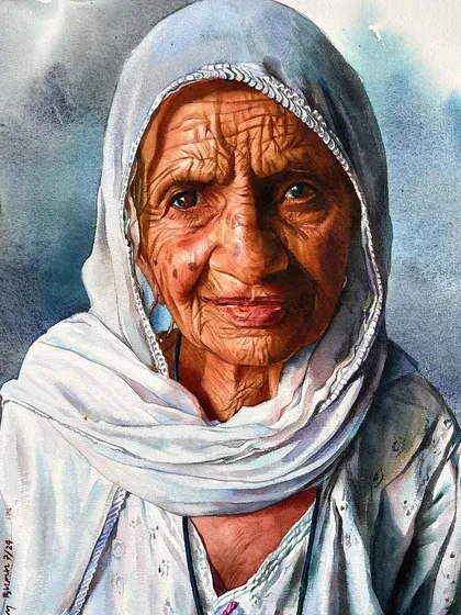 A portrait study focusing on a gentle, thoughtful expression. The soft blue headscarf frames the face, and we learn to paint the subtle shifts in skin tone and the delicate structure of aged features.