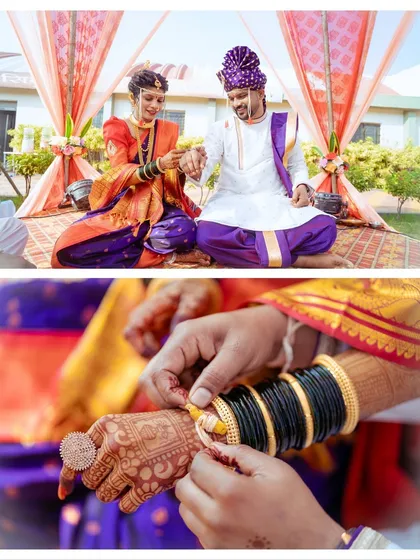 A focus on the hands during a Maharashtrian wedding ritual. This close-up shot highlights the bride's intricate mehndi, green bangles, and the sacred thread being tied, capturing the detail of the tradition.