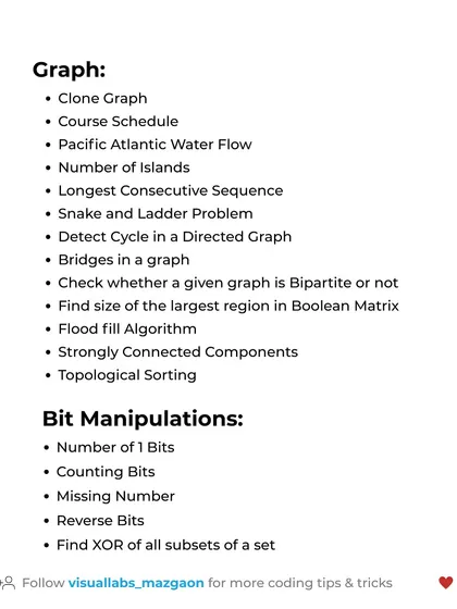 Key DSA interview questions related to Graphs and Bit Manipulations, including course schedules, detecting cycles, and counting bits.