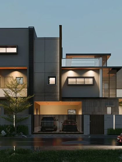 The Prestige Glenmorgan home visualized at night. The lighting plan emphasizes key architectural features and creates a warm, inviting atmosphere, showcasing the home's dual identity from day to night.