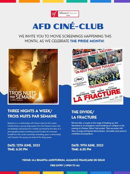 A poster announcing our Pride Month film screenings, featuring "Three Nights a Week" and "The Divide." We curate special film programs to celebrate and support the LGBTQIA+ community.