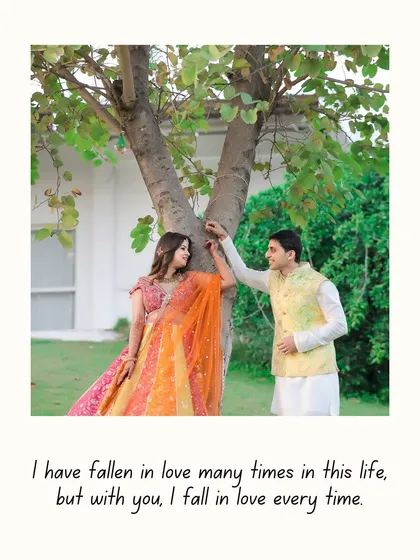 A romantic pre-wedding photo with a heartfelt quote. This style of image is perfect for sharing your love story with friends and family online.