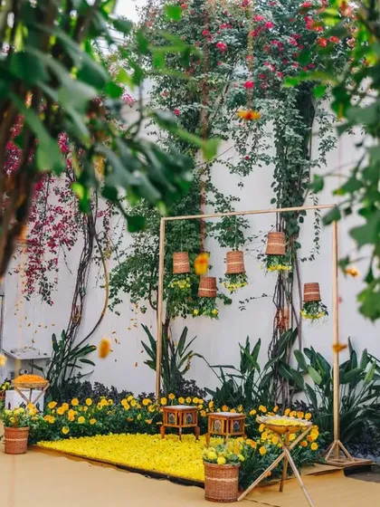 A quaint Haldi setup with a carpet of yellow flowers. The details, from the hanging baskets to the traditional 'mouli' threads on the trees, create a complete picture.