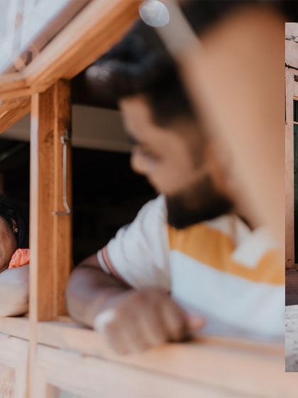 A collage blending indoor and outdoor shots, capturing the couple's interactions in different settings.