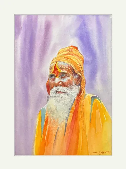 'Saffron Mystique,' a watercolour portrait of a sadhu. The vibrant orange of his turban and the tilak on his forehead are central to the piece, painted with layers of transparent colour to achieve a glowing effect.