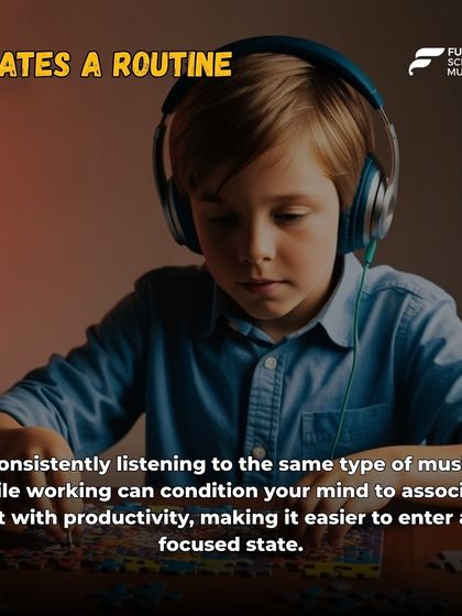 Music helps create a routine for productivity. This image shows a child focused on a puzzle while listening to music, demonstrating how sound can condition the mind to enter a focused state.