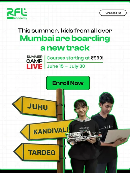 Don't let your kid miss the tech train. This poster announces our summer camp dates and locations in Mumbai, urging parents to enroll their child for a summer of future skills.