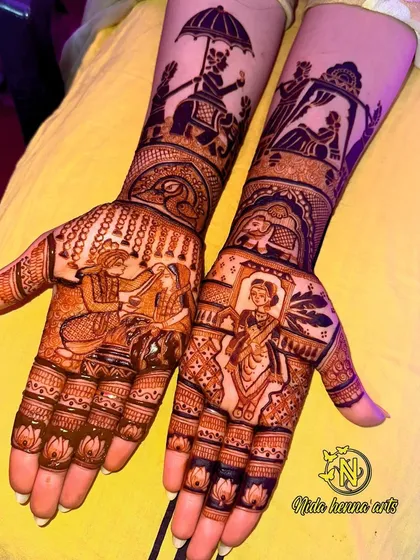 A full view of a figurative bridal mehandi with multiple rituals depicted, including the groom on a horse and a bride playing the dhol.