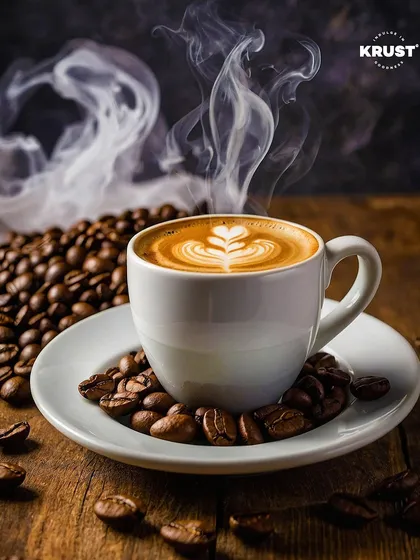 A steaming cup of coffee with intricate latte art, surrounded by fresh coffee beans. This image captures the aromatic and artistic side of being a barista.