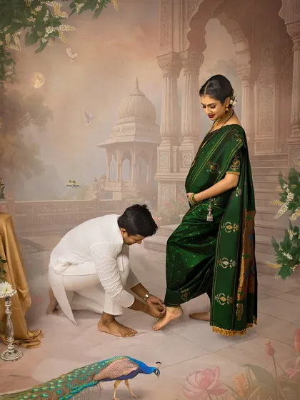 A beautiful gesture of care in a traditional setting. This portrait, with the husband attending to his wife's feet amidst a painterly backdrop with a peacock, is rich with symbolism and love.