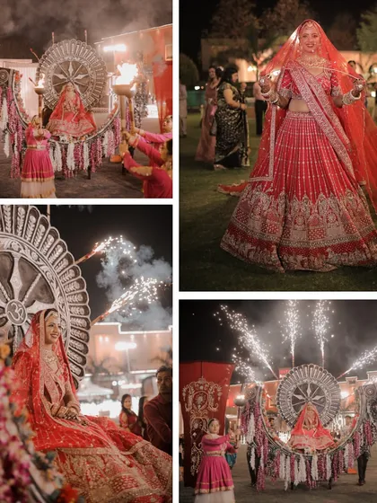 The bride's entry is a highlight we capture with the grandeur it deserves. This collage shows a bride making a spectacular entrance on an ornate palanquin, complete with fire torches and sparklers, creating a truly royal wedding scene.
